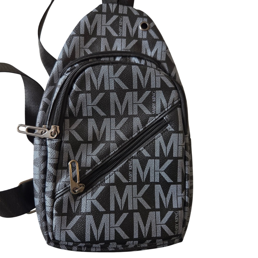 Mary King Black Monogram Sling Backpack Crossbody Bag MK Print Vegan Leather